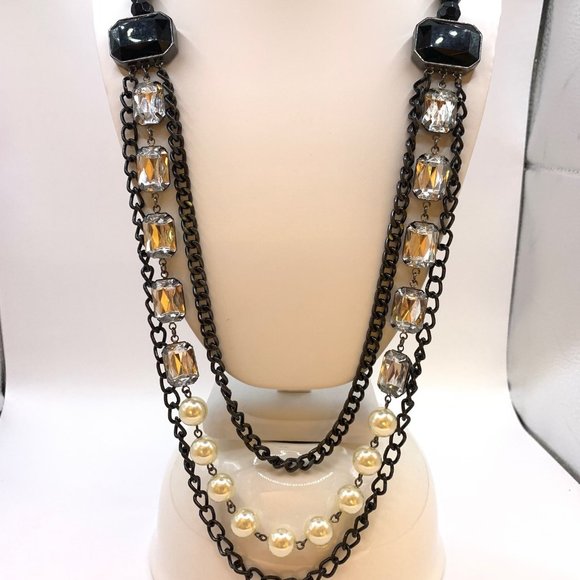 SAO Multi Strand Statement Necklace Black White Clear Fashion Jewelry J720 - Picture 1 of 5